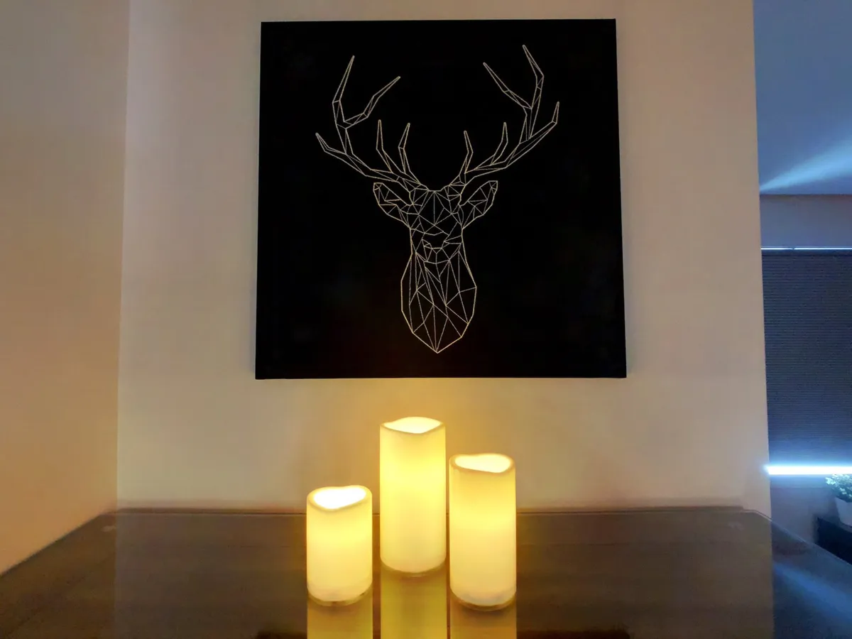 A tranquil corner with geometric deer head artwork and three glowing candles creates a serene, softly lit ambiance. The space feels intimate and romantic—ideal for unwinding together over a candlelit dinner or sharing quiet moments.